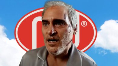 Joaquin Phoenix from Beau is Afraid in Front of Perfectly Safe Logo