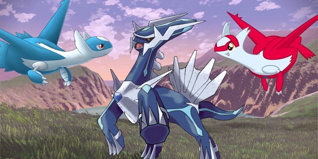Legendary Pokemon Latios Latias and Dialga on cliffside background