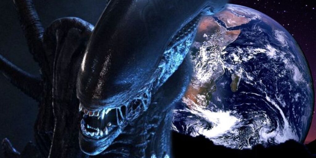 Alien: a Xenomorph with Earth in the background.