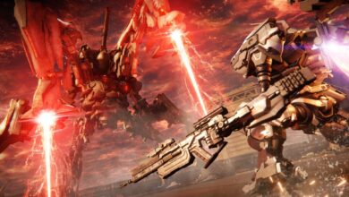 A mech equipped with a large assault rifle battles a massive boss with red lasers emitting from its legs.