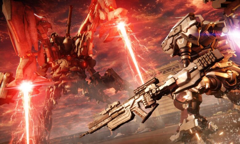 A mech equipped with a large assault rifle battles a massive boss with red lasers emitting from its legs.