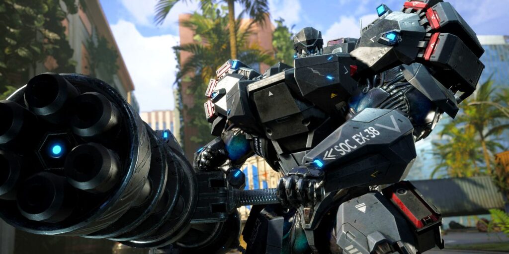 An image of the Krieger Exosuit from Exoprimal, which looks like a Transformer holding a minigun