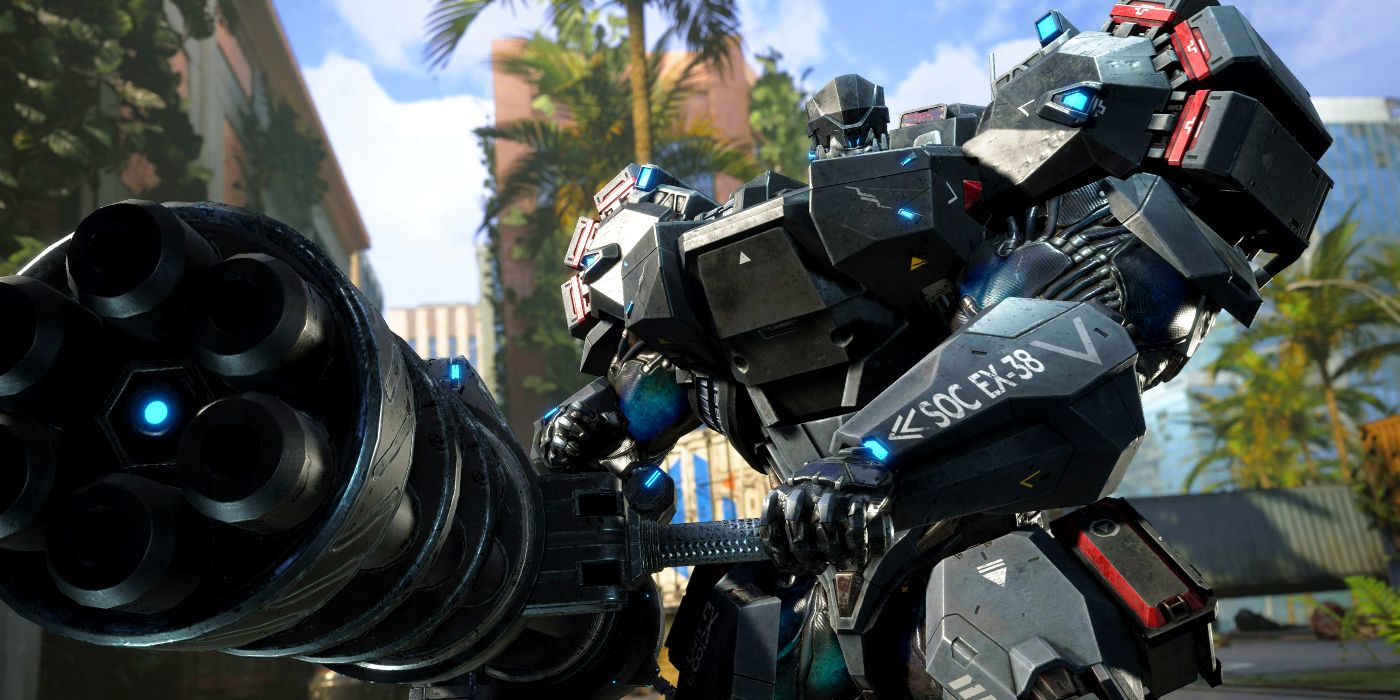 An image of the Krieger Exosuit from Exoprimal, which looks like a Transformer holding a minigun