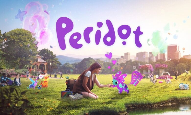 Peridot Key Art showing the title and a woman in a part petting her Peridot with others in the surrounding area.
