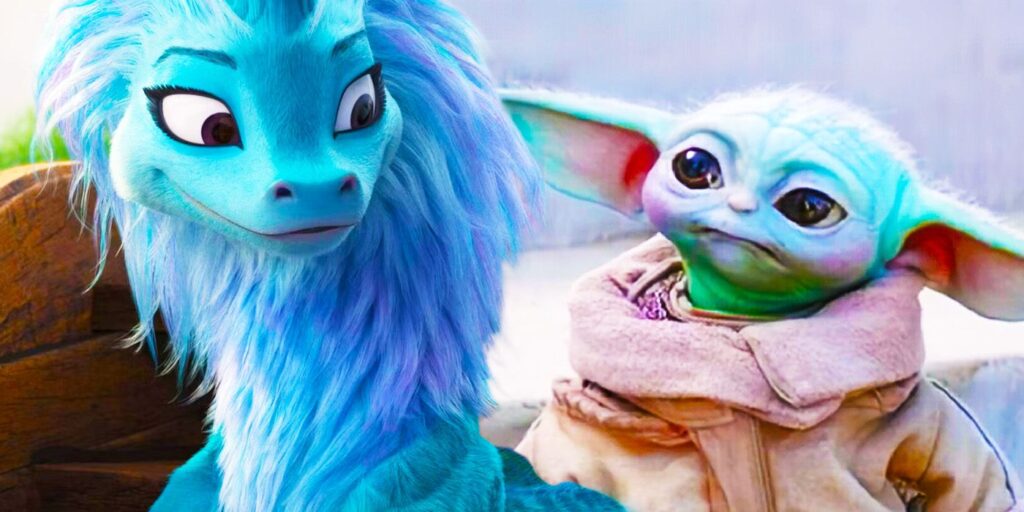 sisu from raya looking at grogu from mandalorian