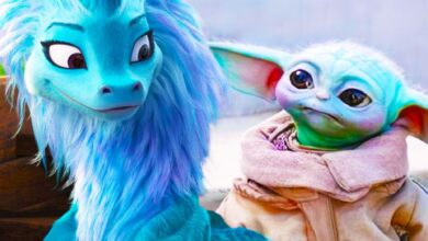 sisu from raya looking at grogu from mandalorian