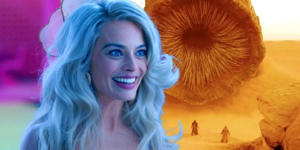 Margot Robbie in Barbie juxtaposed with a sandworm in Dune.