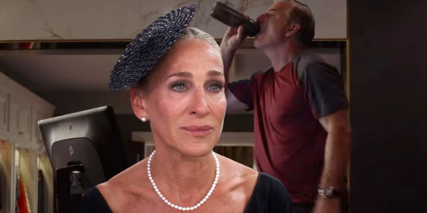 Sarah Jessica Parker as Carrie Bradshaw Dressed For a Funeral in And Just Like That in Front of Chris Noth as Mr Big Using the Peloton