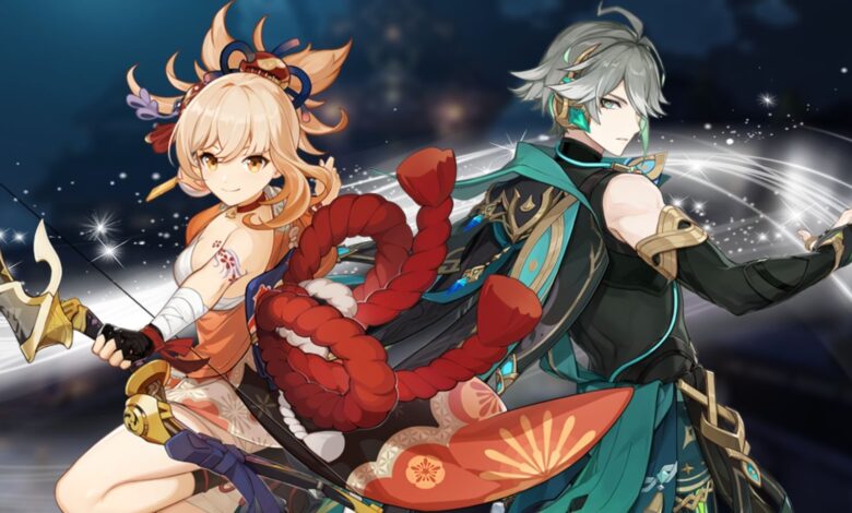Genshin Impact's Yoimiya poses with her bow to the left, and Alhaitham stands to the right.