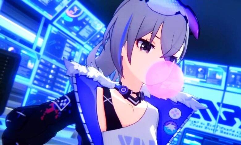 Honkai Star Rail's Silver Wolf is making a bubble with bubblegum.