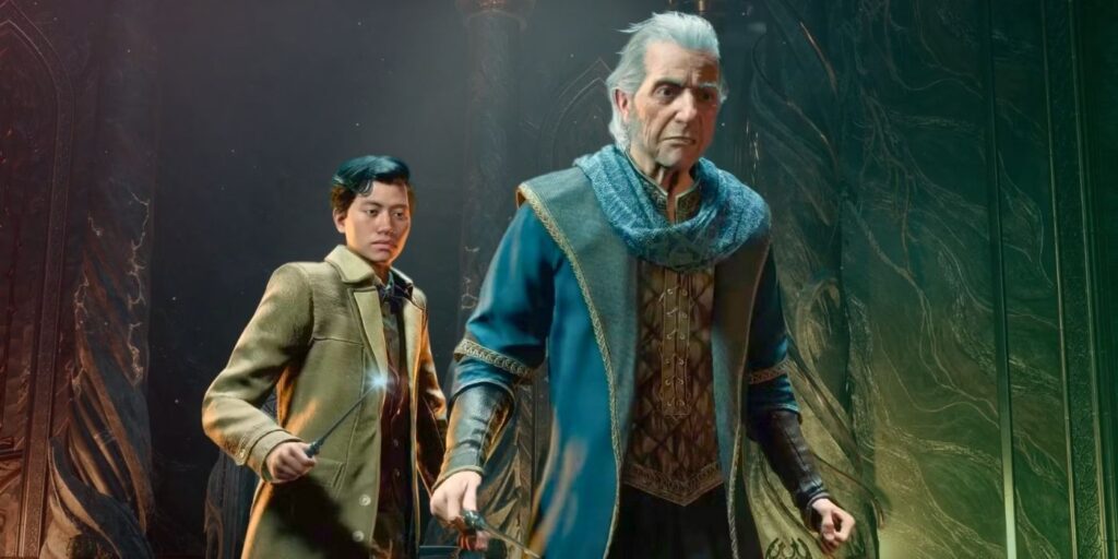 An image of Professor Fig and the player looking concerned at something off screen. The left side of the background has a red tint and the right has a green tint.