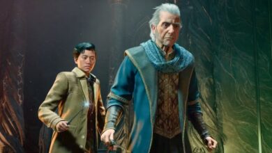 An image of Professor Fig and the player looking concerned at something off screen. The left side of the background has a red tint and the right has a green tint.
