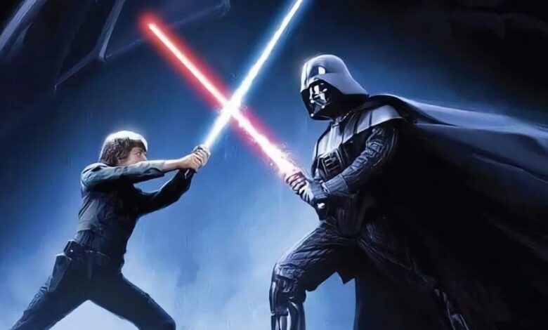 Star Wars Luke Skywalker and Darth Vader lightsaber duel
