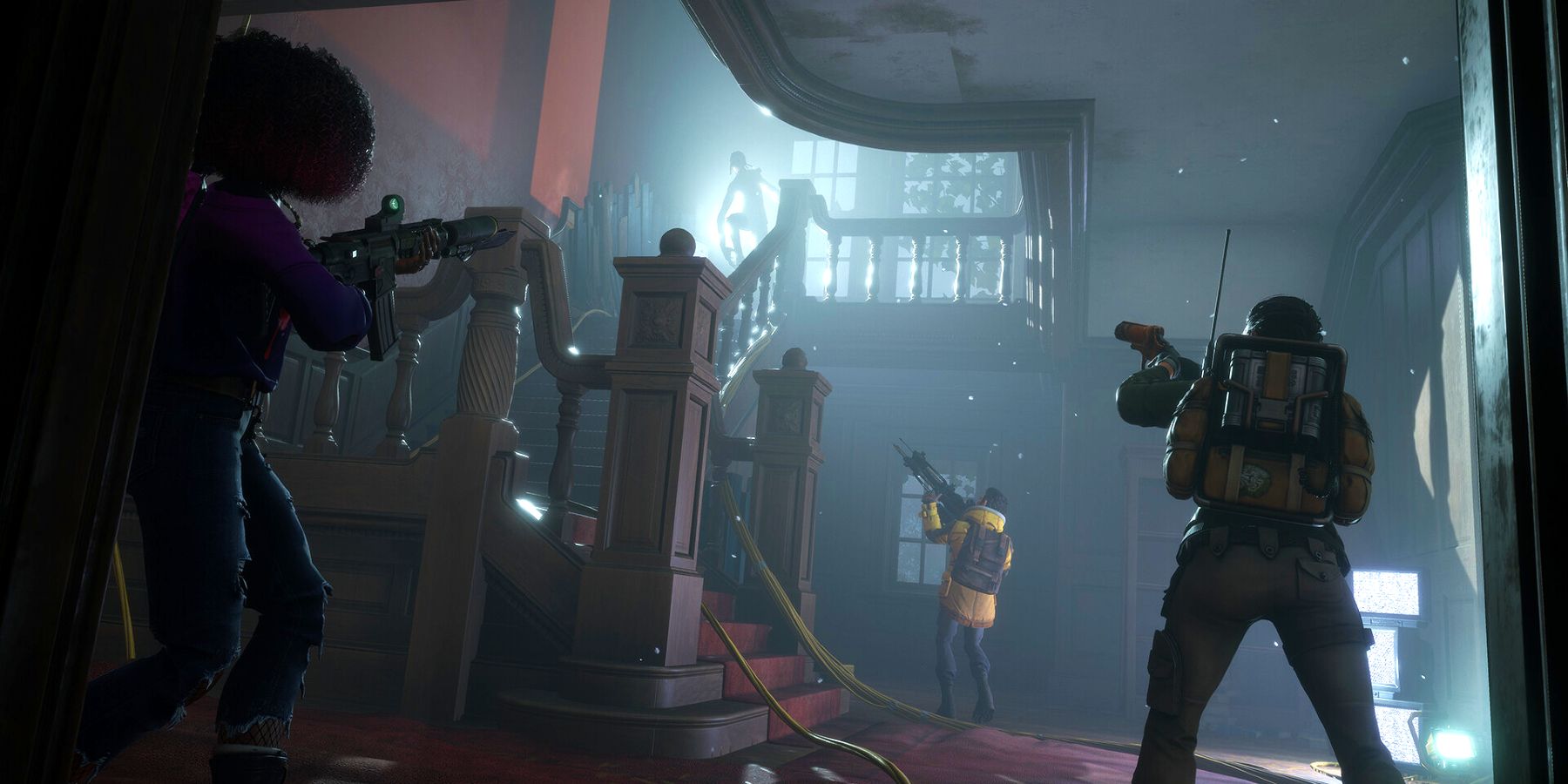 Redfall Players Aiming Weapons At Vampire Inside House