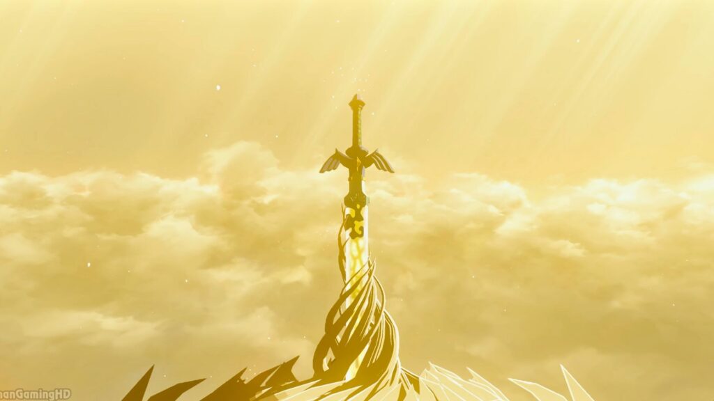 The Master Sword sticking out of the head of a dragon