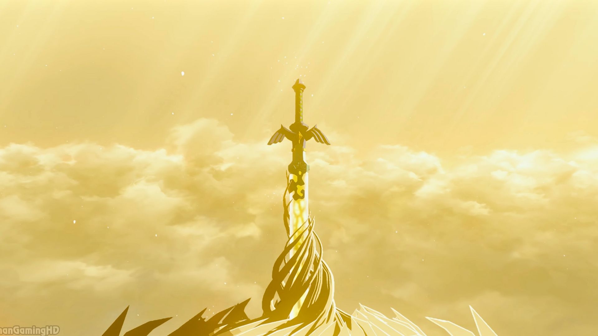 The Master Sword sticking out of the head of a dragon
