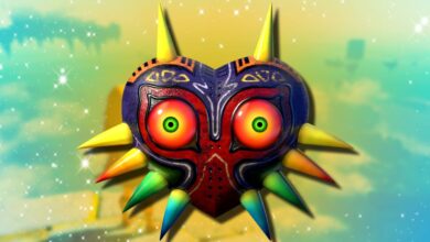 Zelda's Majora's Mask with a bright yellow backlight behind it and a sparkling effect all around it.