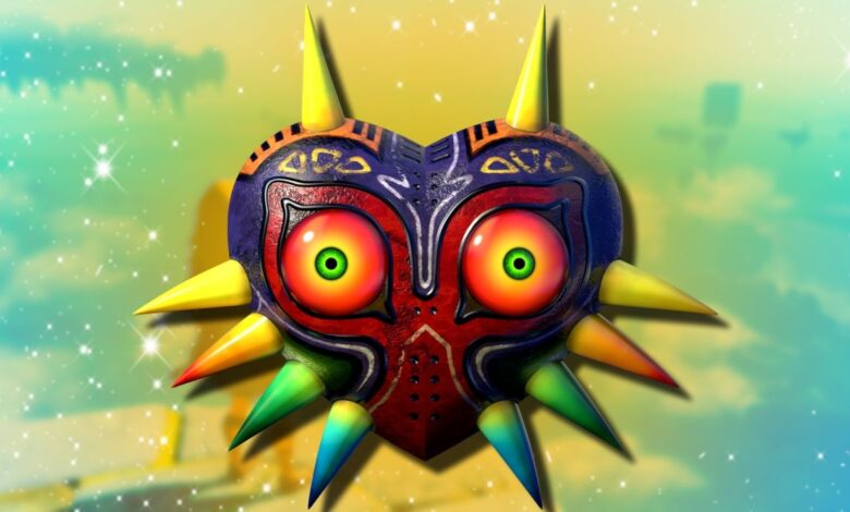 Zelda's Majora's Mask with a bright yellow backlight behind it and a sparkling effect all around it.