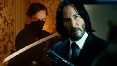 Keanu Reeves in John Wick 4 juxtaposed with a masked man with a sword in The Continental.