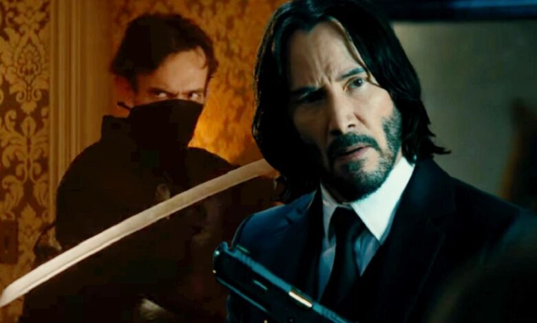 Keanu Reeves in John Wick 4 juxtaposed with a masked man with a sword in The Continental.