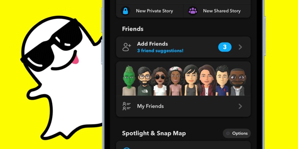 Snapchat in dark mode on iPhone with ghost in background
