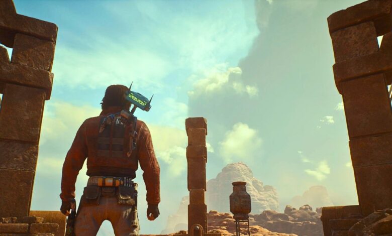 Cal standing on top of wayfinders tomb with corresponding puzzle pillars.
