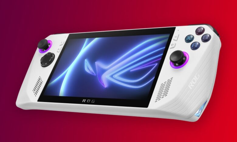 An image of the ASUS ROG Ally handheld Windows gaming device at an angle.