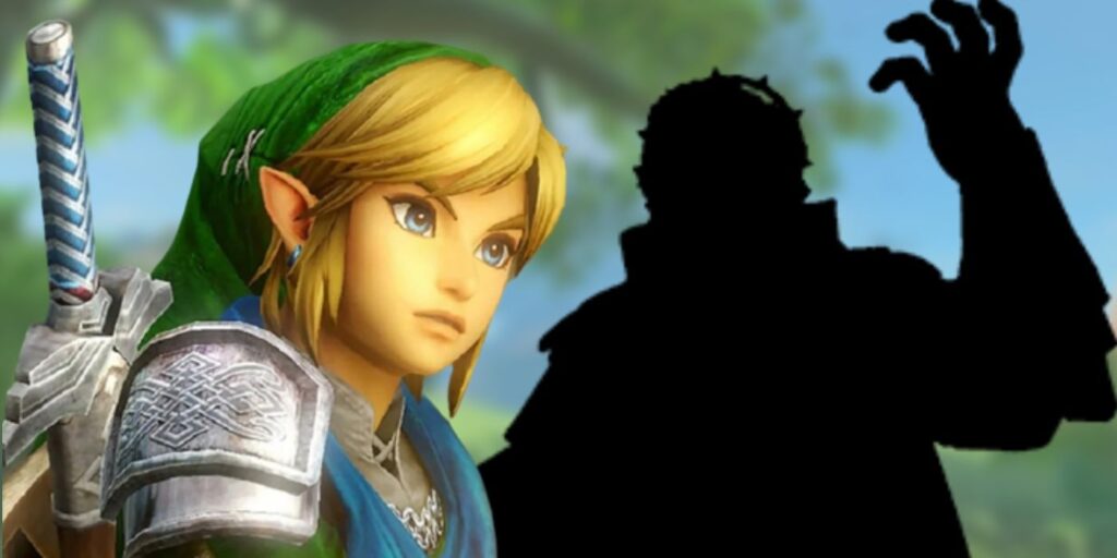 The Legend of Zelda's Link looks at something with a stoic face on the left and a blacked out sillhouette of Ganondorf on the right.