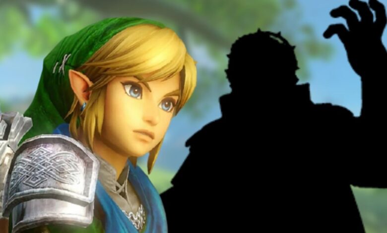 The Legend of Zelda's Link looks at something with a stoic face on the left and a blacked out sillhouette of Ganondorf on the right.