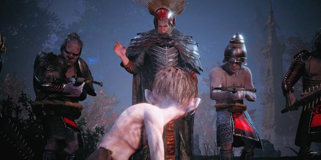 Gollum standing in front of the Mouth of the Sauron and three henchmen.