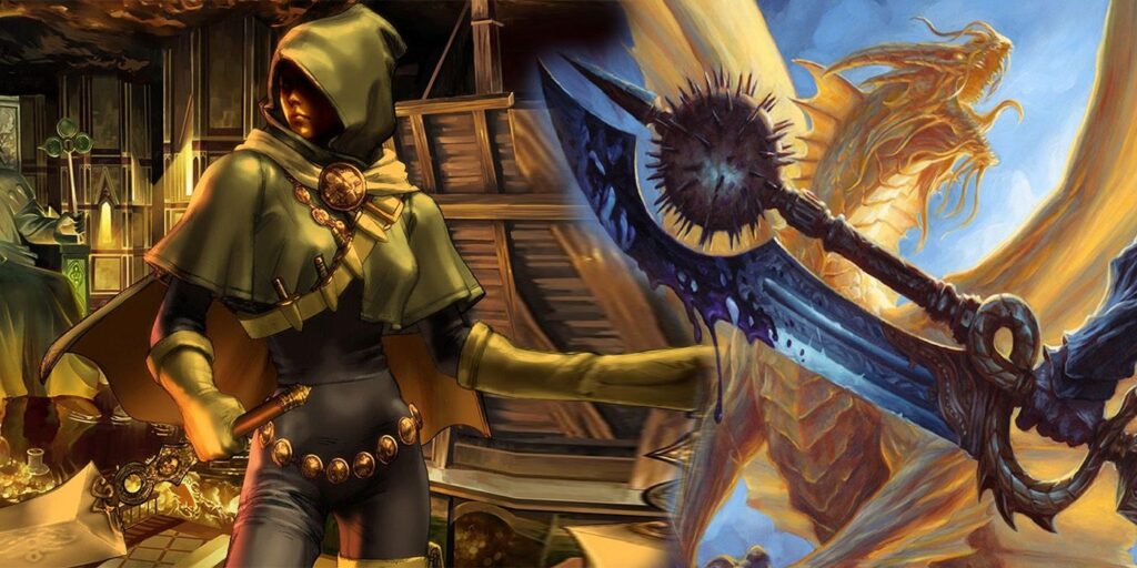 DND rogue on left and magical sword item on right