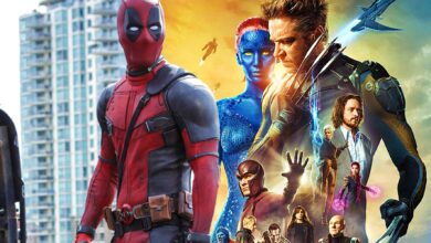 Deadpool next to the poster for X-Men: Days of Future Past