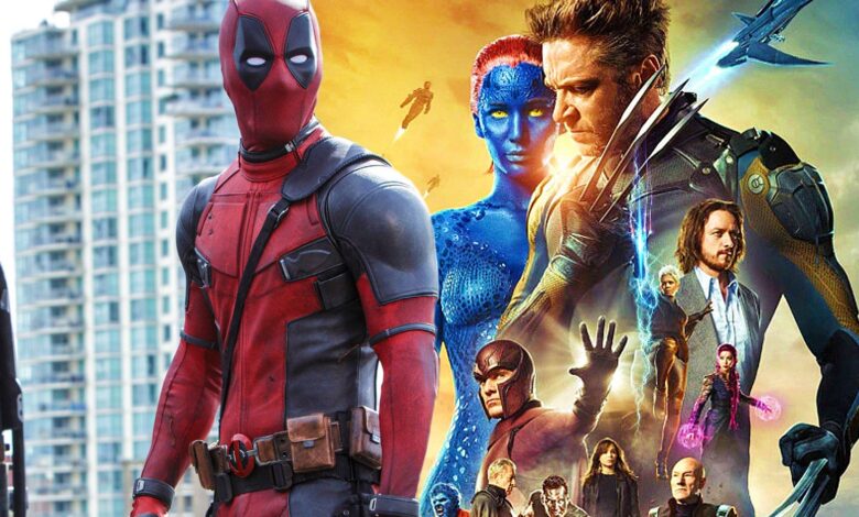 Deadpool next to the poster for X-Men: Days of Future Past