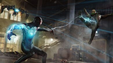 Miles uses his bio-electric powers and web pulls one of Kraven's hunters from the air in a warehouse, as a drone piloted by Ganke watches in the background.