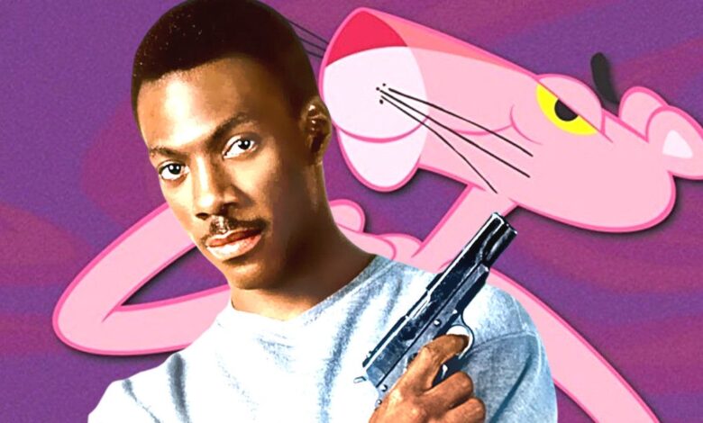 Eddie Murphy doing a cool pose with a gun over a backdrop of the cartoon Pink Panther leaning back and looking smooth