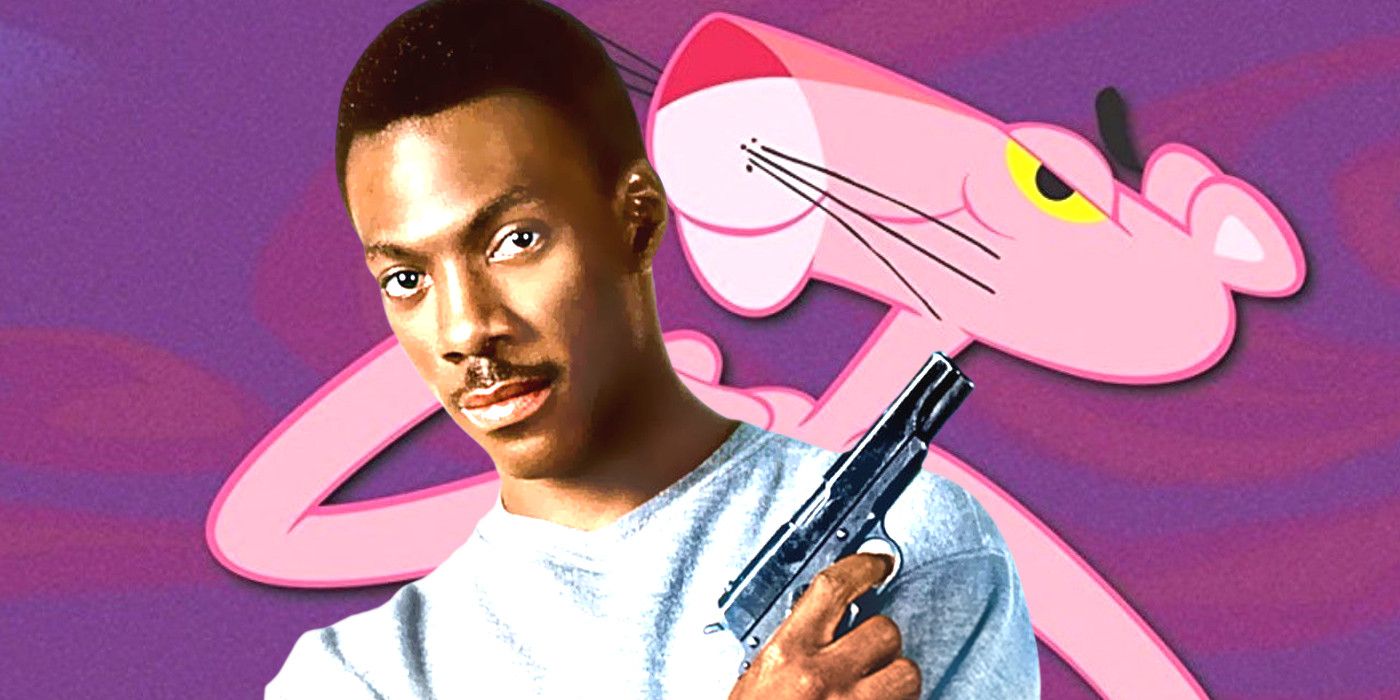 Eddie Murphy doing a cool pose with a gun over a backdrop of the cartoon Pink Panther leaning back and looking smooth