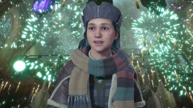 A cut out of a player character looking in awe. Green fireworks are exploding in the Great Hall in the background.