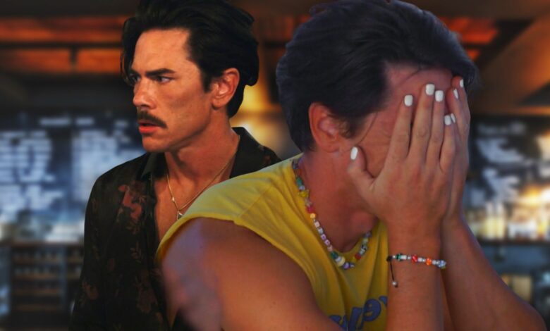 Side by side images of Vanderpump Rules' Tom Sandoval looking worried and with his hands over his face
