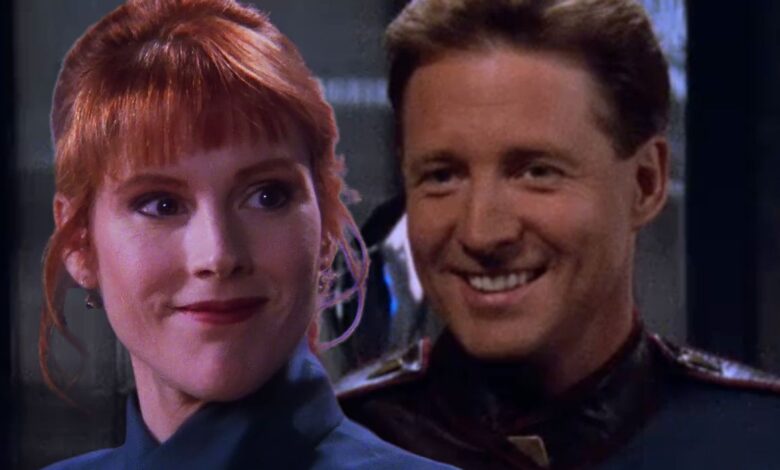 Bruce Boxleitner and Patricia Tallman both smiling in Babylon 5