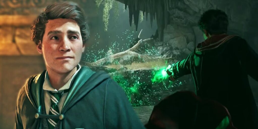 Sebastian looking concerned on the left and a wizard casting Avada Kedavra on the right.