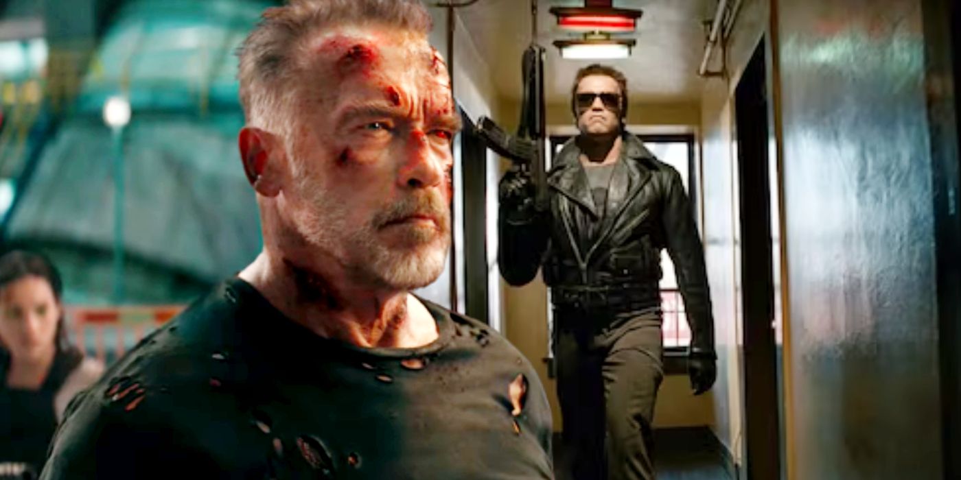 Custom image of Arnold Schwarzenegger in Terminator: Dark Fate and in the original Terminator.