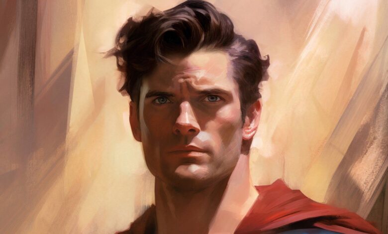 Fan art of reported Superman: Legacy frontrunner David Corenswet as Superman in painterly style.