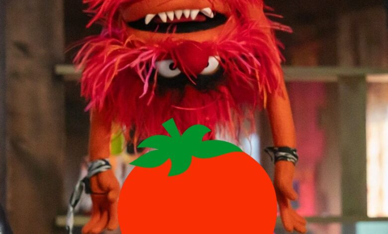 Animal from The Muppets Mayhem with the Rotten Tomatoes Logo