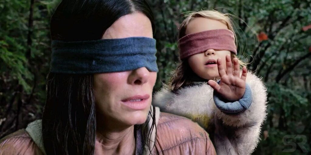 Sandra Bullock with blindfold on in Bird Box