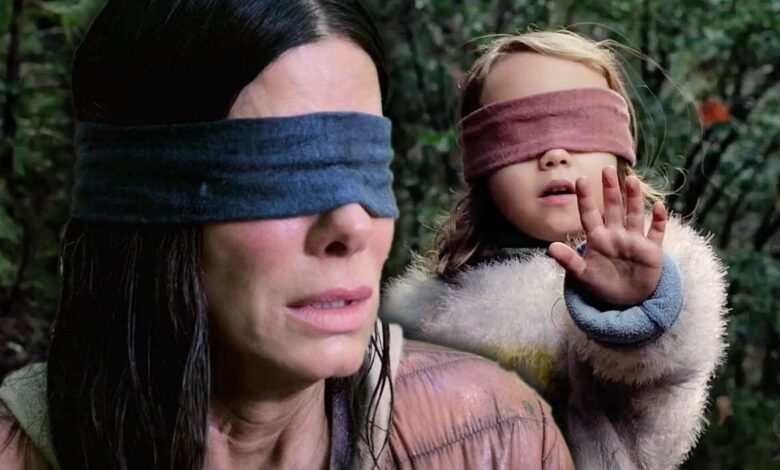 Sandra Bullock with blindfold on in Bird Box