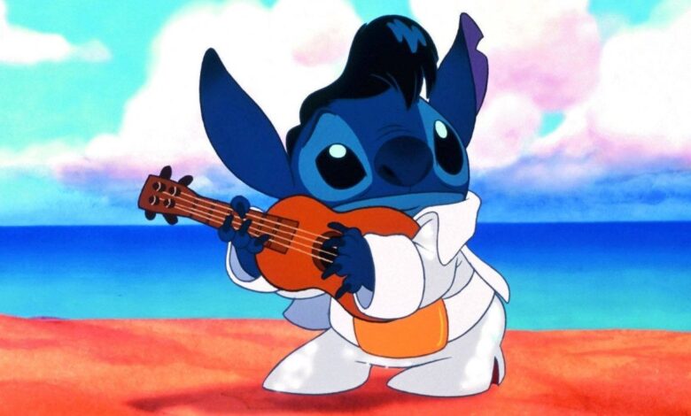 Stitch dressed as Elvis and playing the guitar from Lilo and Stitch