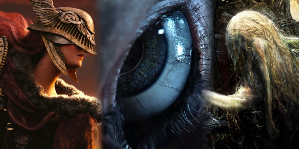 Elden Ring characters Miquella, Godwyn, and Malenia pictured side-by-side.