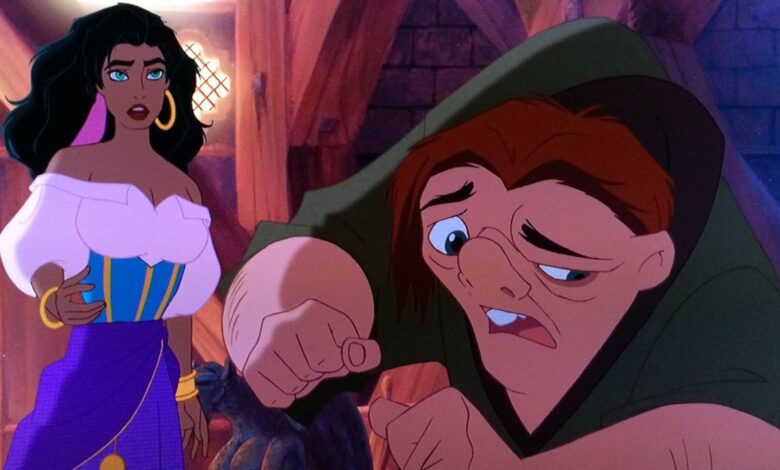 Quasimodo and Esmeralda talking in Disney's The Hunchback of Notre Dame