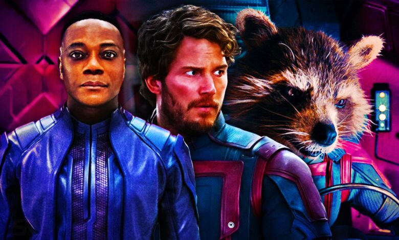 Rocket and Star-Lord wearing their Guardian outfits next to High Evolutionary from Guardians of the Galaxy Vol. 3