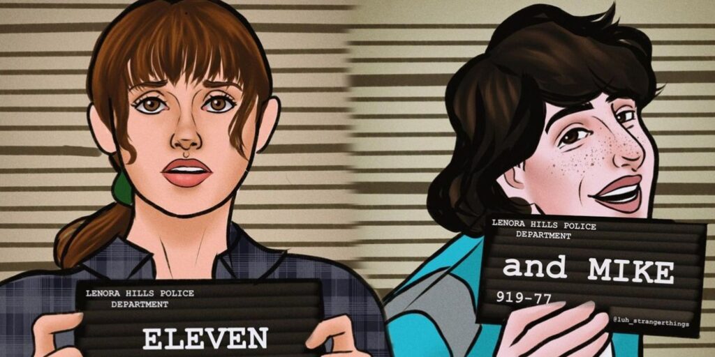 Stranger Things Eleven and Mike Wheeler Barbie-inspired Mug Shot Fanart by luh_strangerthings